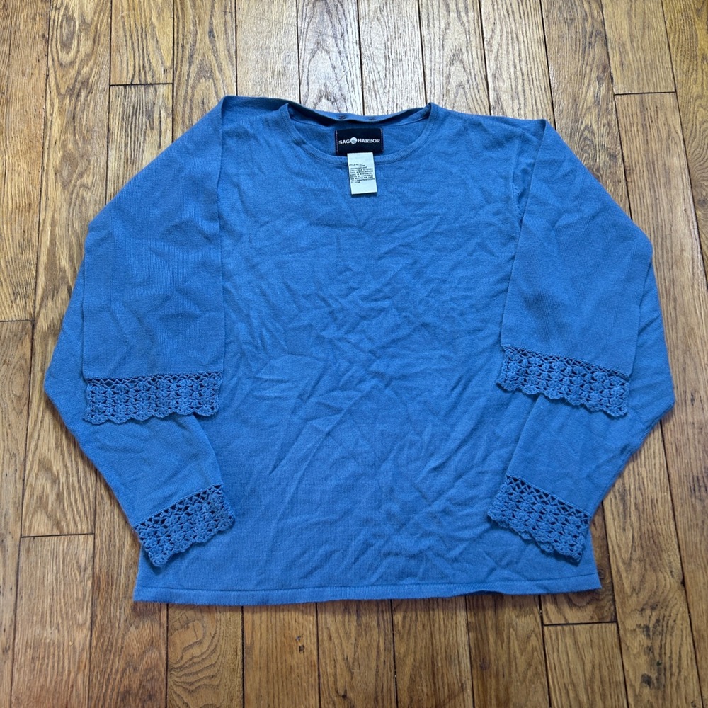Sag Harbor Blue Knit Sweater Crochet Lace Trim Cuff Crew Neck Australia Medium